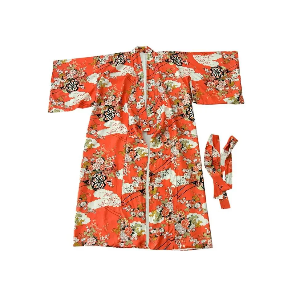 Vintage 1960s Japanese Rayon Kimono Robe Coral Floral Cloud Print Tie Waist OS -